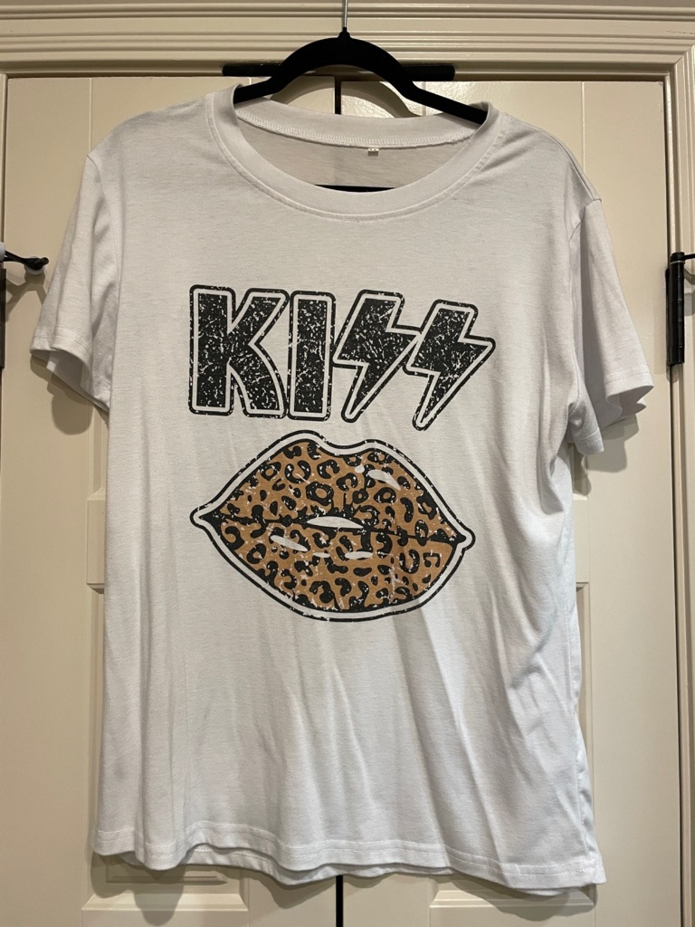 KISS Graphic Tee with Leopard Lip Print - White